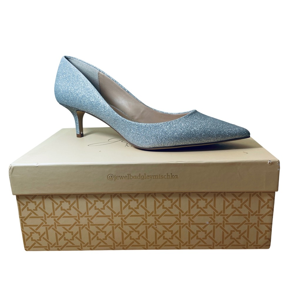 Jewel Badgley Mischka Silver Glitter Pointed Toe Kitten Heel Pumps 9